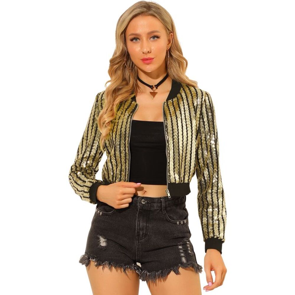 Allegra K Gold Sequin Striped Bomber Jacket